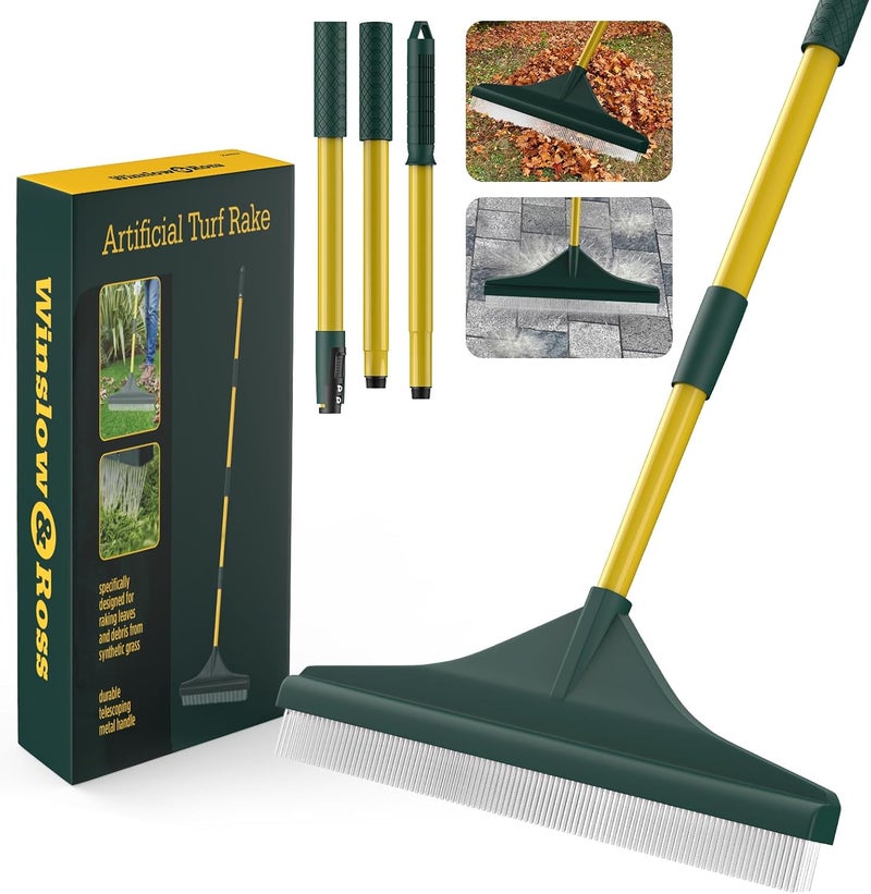 GARDTEC Artificial Turf Rake with Steel Telescopic Handle, 32 to 55 Inch 3 Piece-Pole Easy Storage Design, Garden Hand Boom Rake for Artificial Grass, Carpet Pet Hair, Lawn Leaves and Debris Remove, Yellow - Image 1